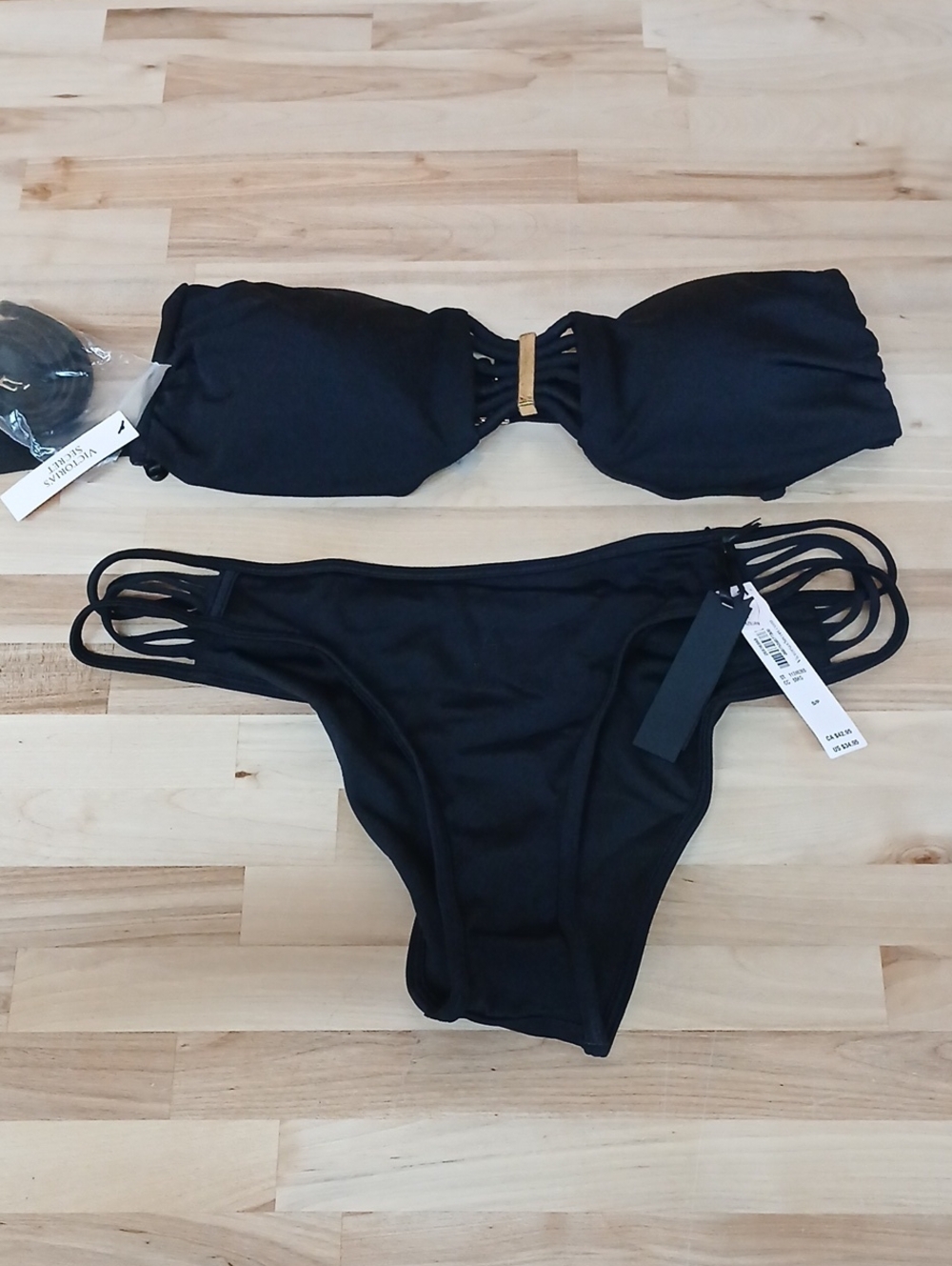 Victoria's Secret NWT Black Strappy Bandeau Bikini Set Small Bottoms Medium Top